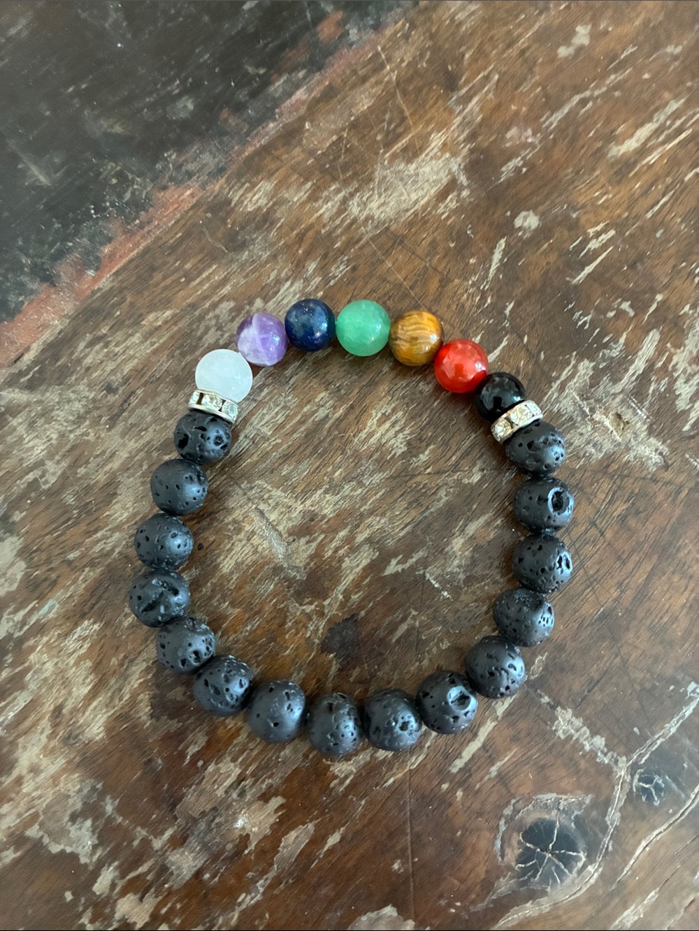 Chakra Lava Stone Beaded Bracelet with Rainbow Gem Accent